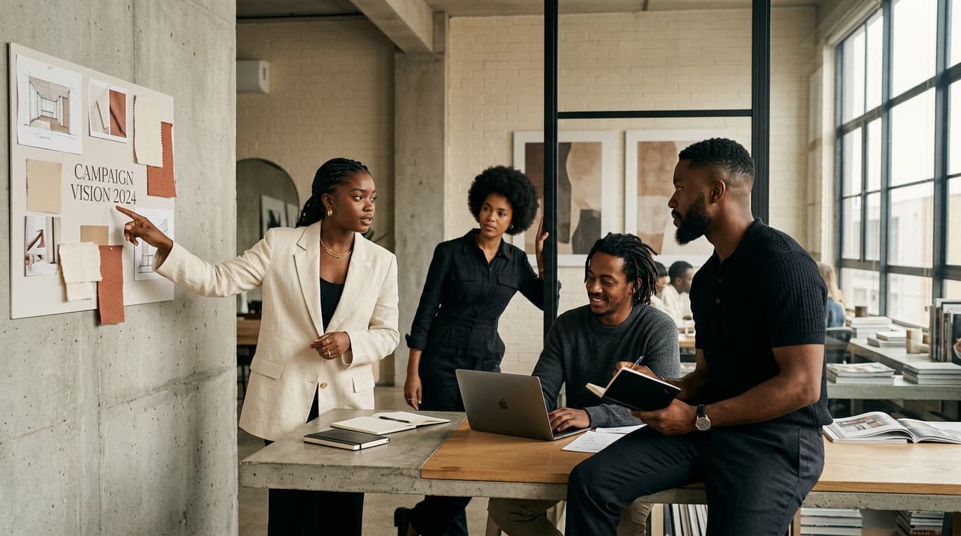 A marketing team planning a campaign together in a studio