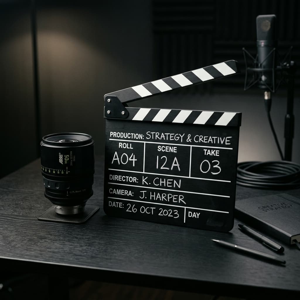 A film clapperboard and camera lens on a studio desk