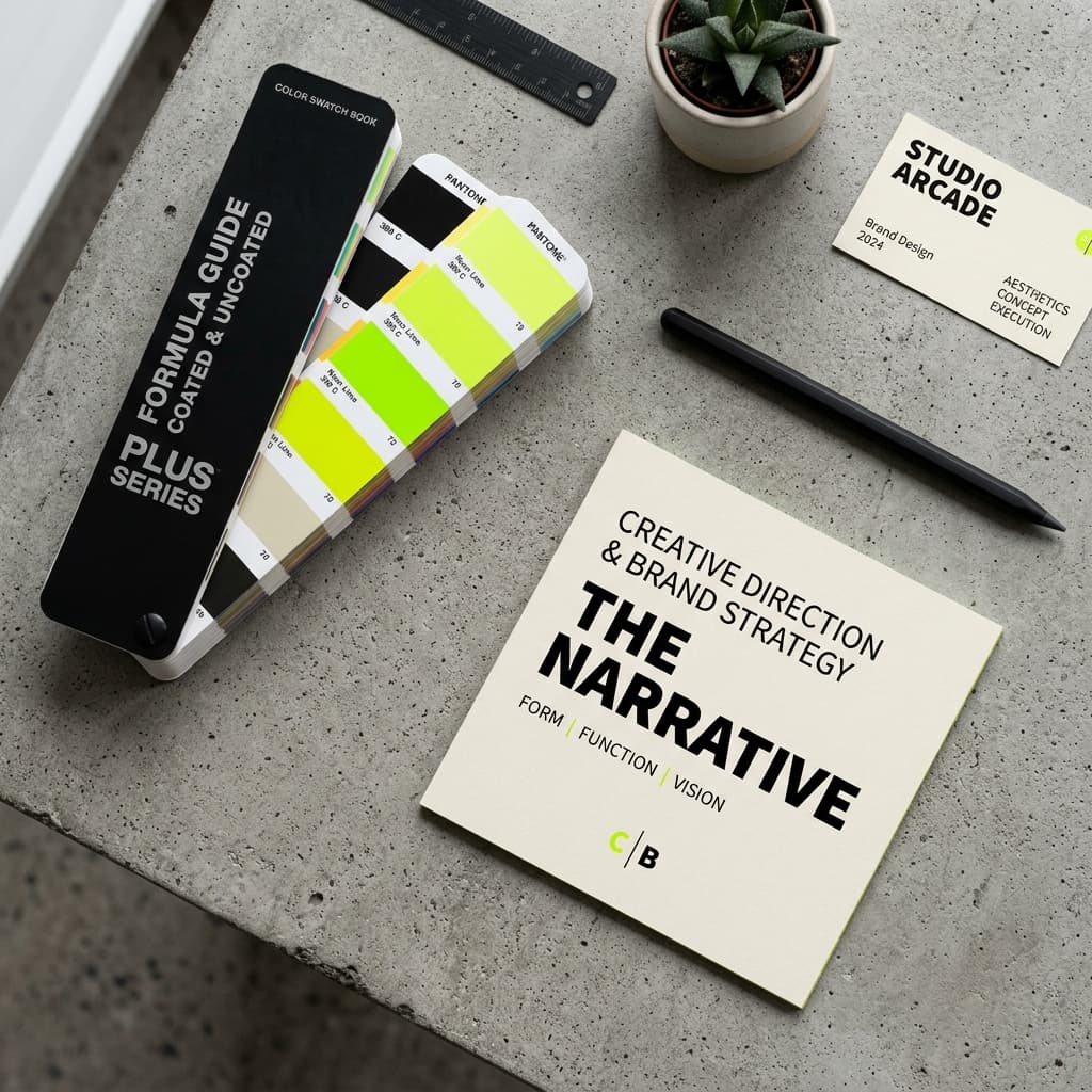 Brand colour swatches and a strategy card on a desk